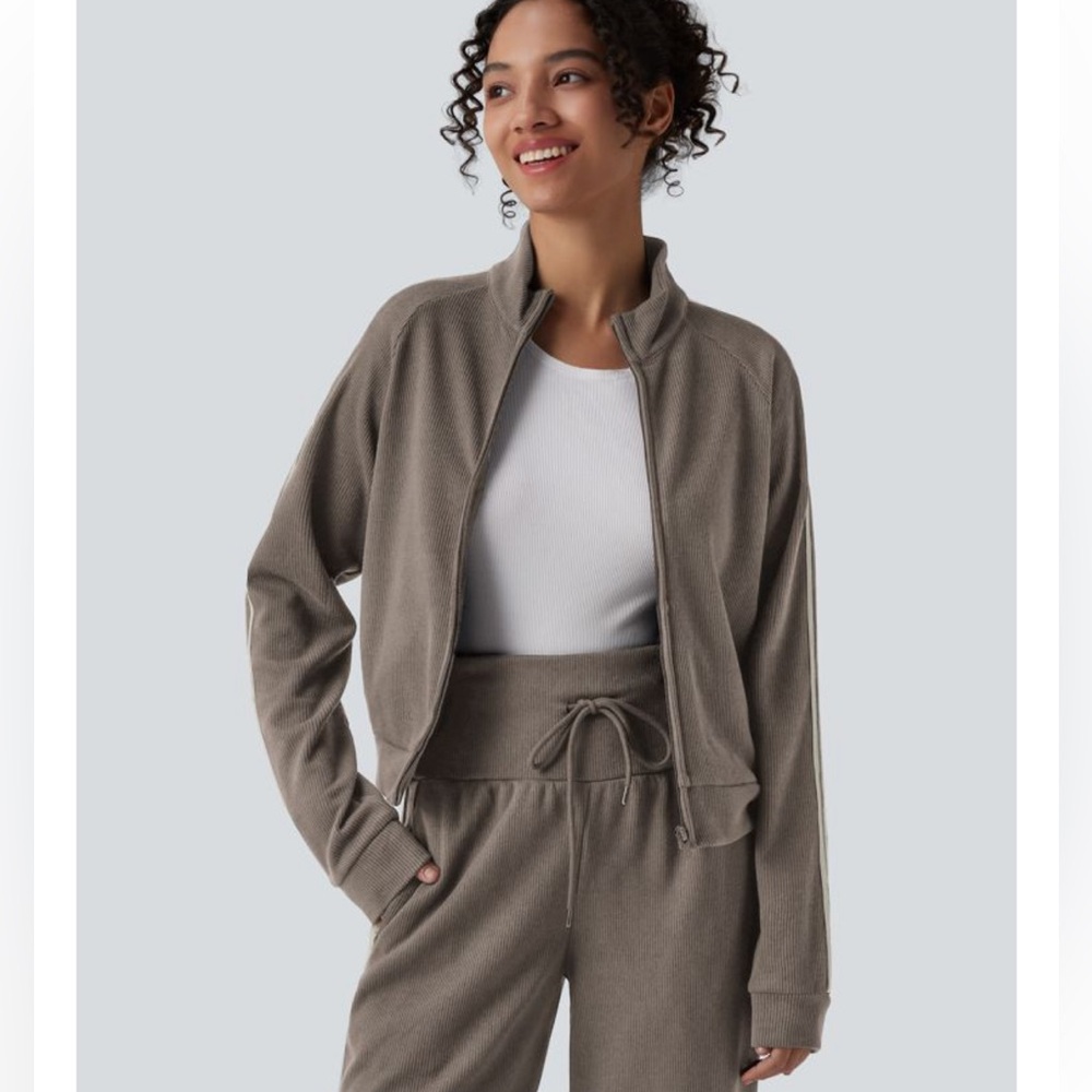 Halara Ribbed Stand Collar Long Sleeve Zipper  Casual Jacket with Pockets Size M